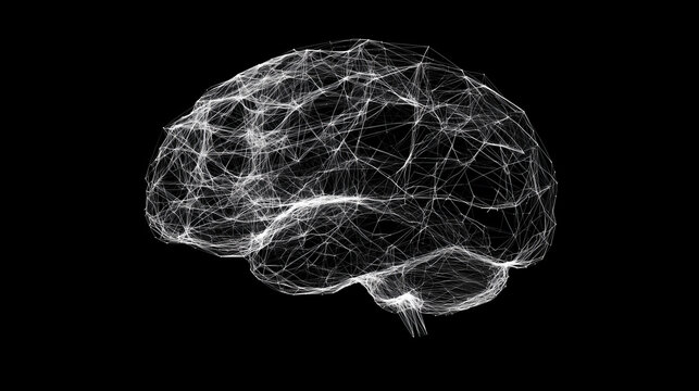 Abstract digital representation of a neural network brain on a black background
