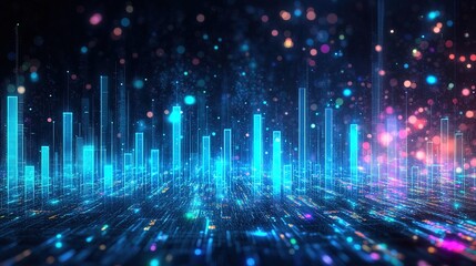 Holographic-style line chart glowing in blue and green, floating in a dark space with data labels