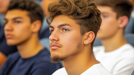 group of medical students attentively listening in classroom setting

