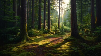 Fototapeta premium Sunlit Path Through a Mossy Forest