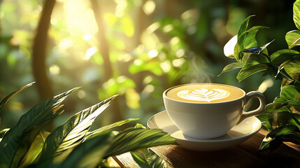 Serene coffee moment in a lush green setting, with sunlight filtering through leaves, creating a tranquil atmosphere