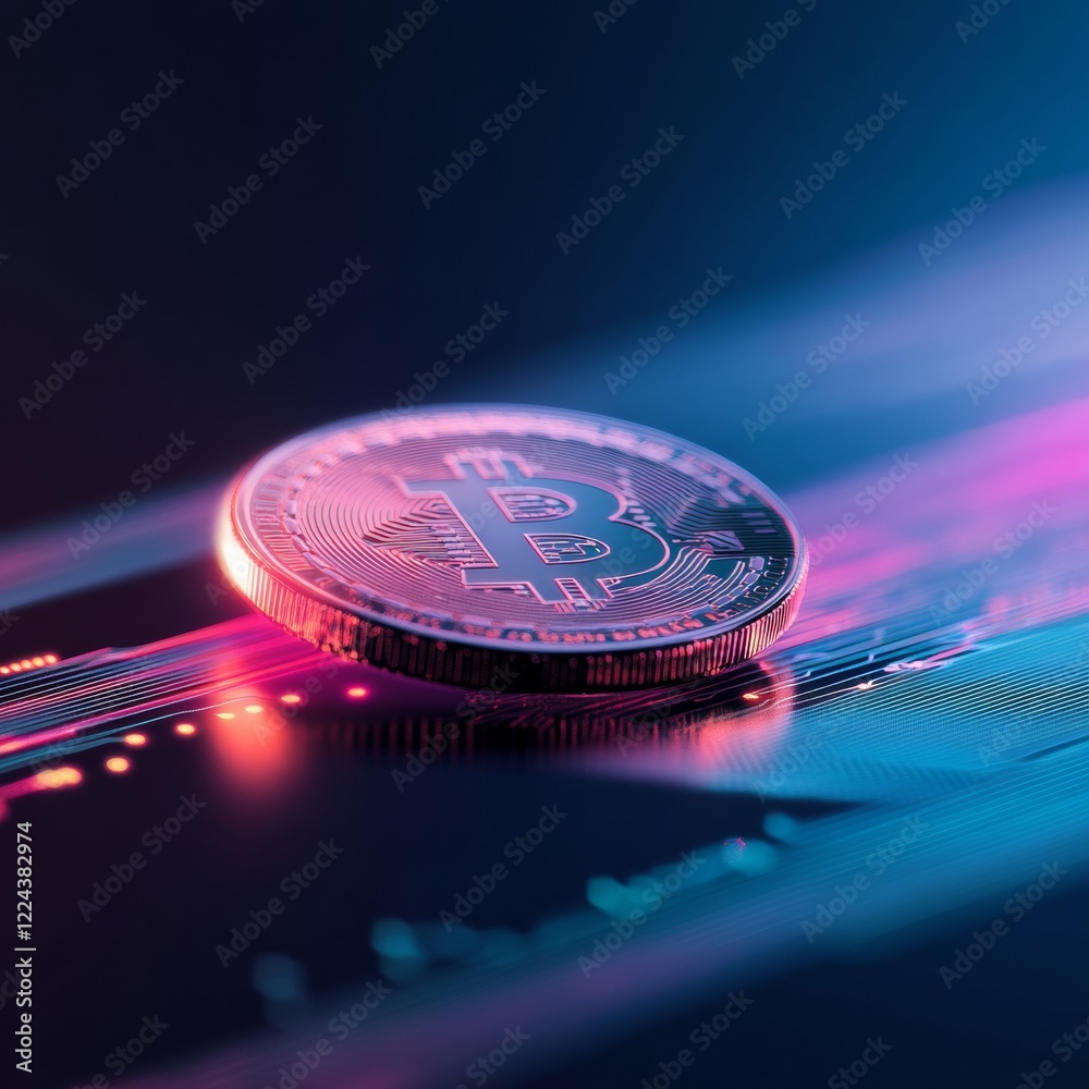 Aufkleber futuristic cryptocurrency display bitcoin on neon circuit board with holographic glow - tech finance