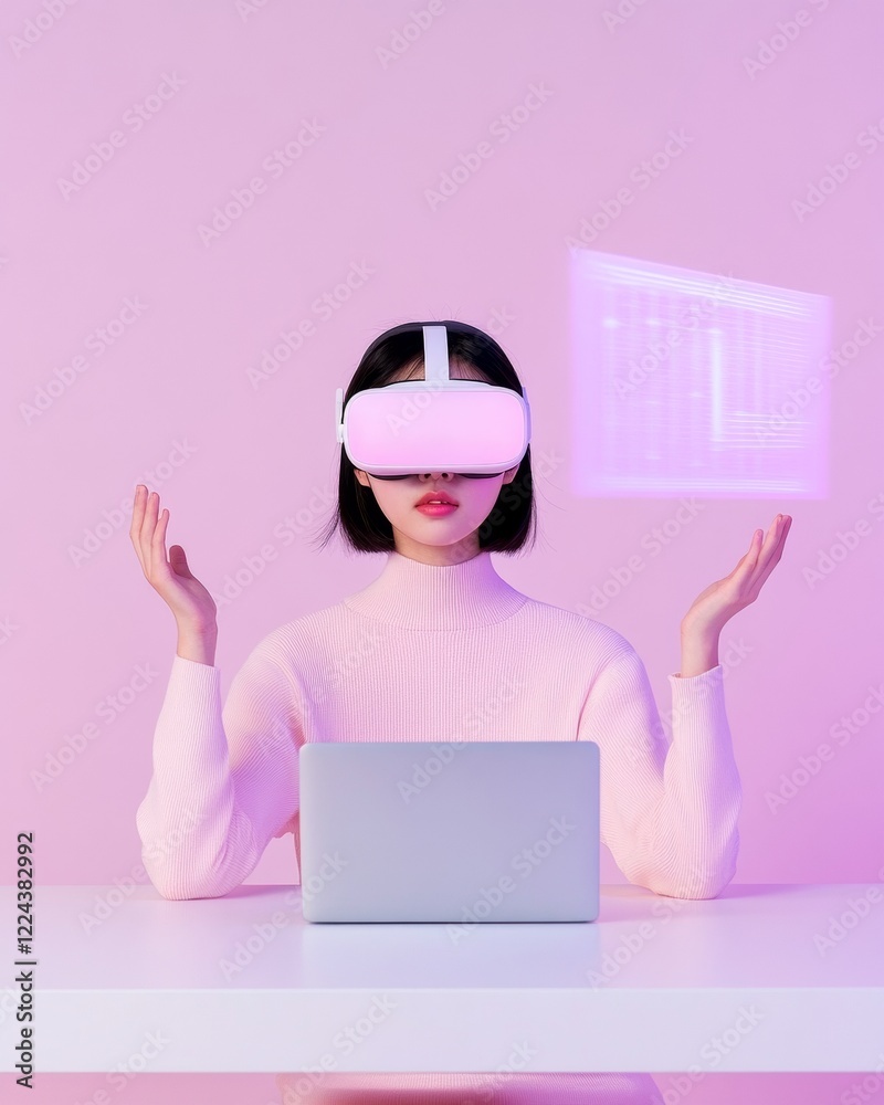 Aufkleber futuristic virtual collaboration young korean woman with vr goggles interacting with holographic int