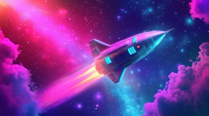 Fototapeta premium Retro Rocket Soaring Through Vibrant Cosmic Clouds