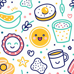 Cheerful breakfast food and floral seamless pattern.
