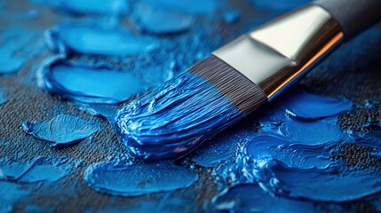 Vibrant blue strokes applied with a flat brush on textured canvas during painting session