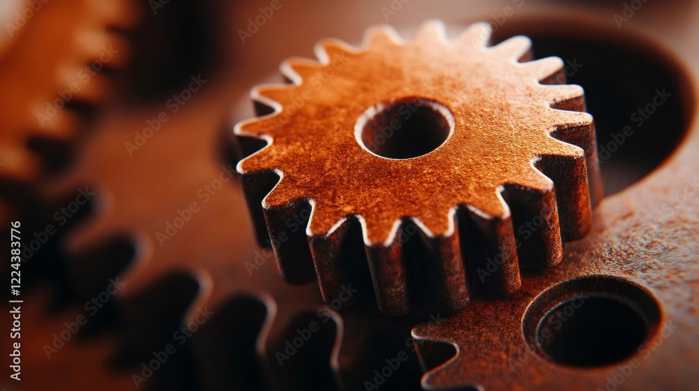 Poster close up of rusty gears meshing together, concept of industry and mechanics