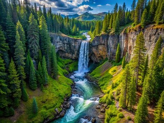 Aerial View of Tumalo Falls, Oregon - Cascading Water and Lush Forest