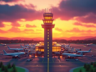 Sunset flight operations at busy airport terminal air traffic control tower aerial view transportation focus