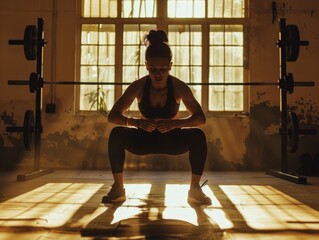Young woman in athletic wear performing squats to promote fitness and discipline