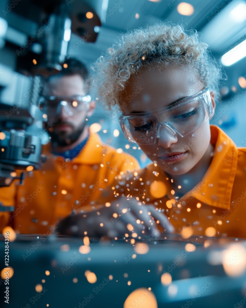 Poster industrial innovation in vocational training diverse group engages with cnc machining in modern tech