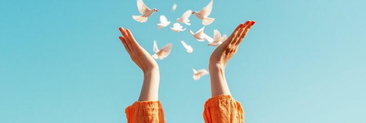 Fototapeta premium Contemporary Aesthetic Hands Release Paper Doves in Blue Sky - Charity Branding and Event Promotion, Promoting Peace and Unity through Symbolic Imagery, Marketing Relevance