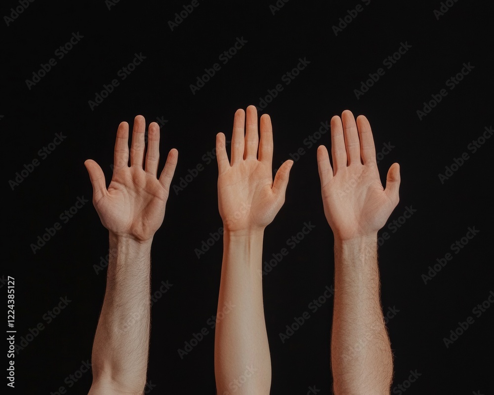 Aufkleber minimalist tech collaboration visual three diverse hands raised together on black background - innov