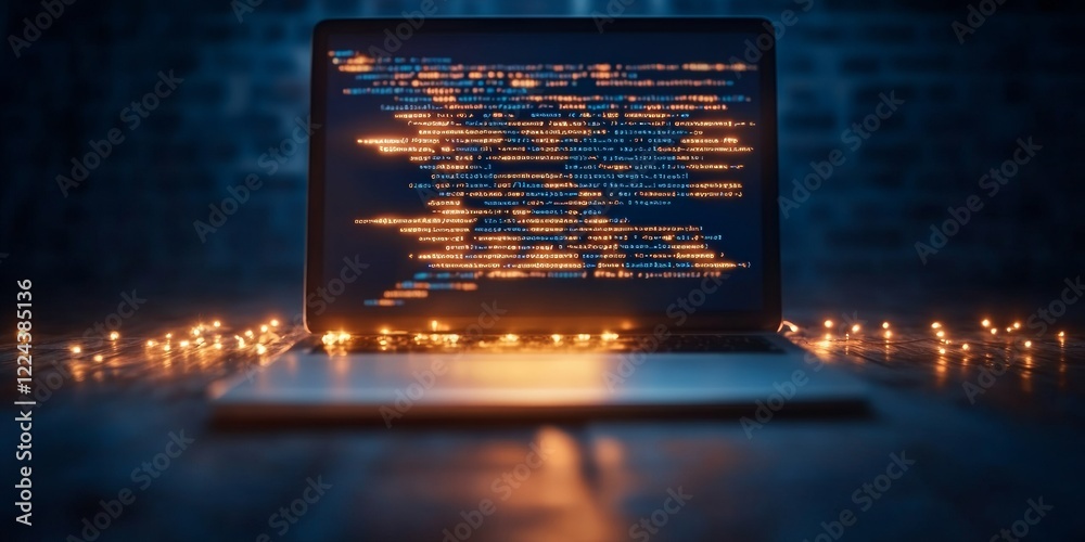 Poster Futuristic Tech Workspace Illuminated Coding on Sleek Laptop with Ambient Lights - Innovative Commercial Content for Software Development and Digital Transformation