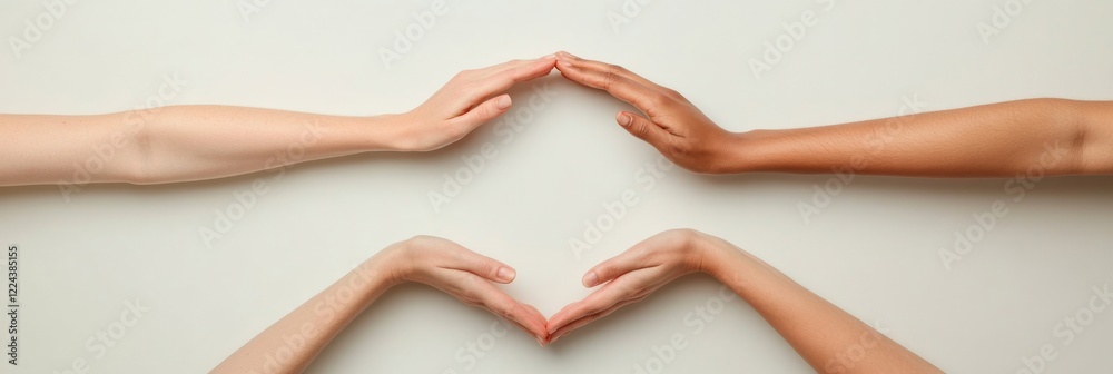 Fototapete modern diversity in business concept hands of mixed ethnicities forming unified shape on minimalist 