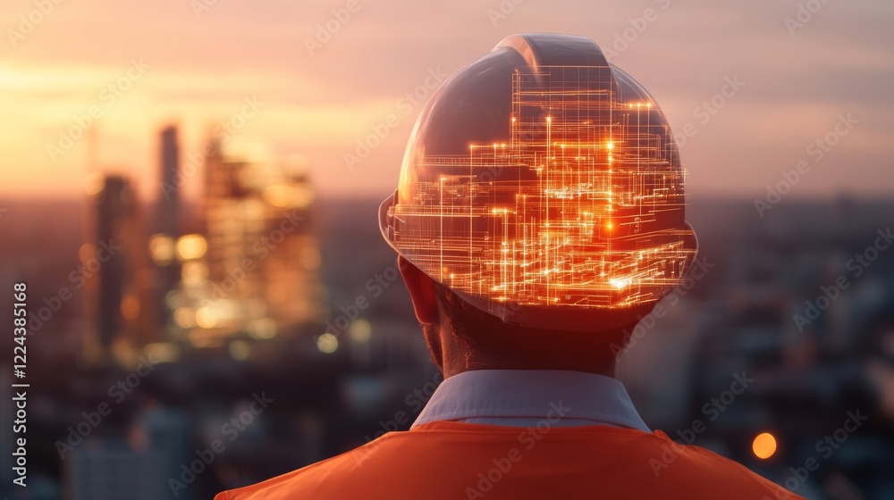 Aufkleber Digital Holography in Construction Male Worker Analyzing Augmented Reality Blueprints in Urban Setting - Enhancing Infrastructure with Innovative Tech