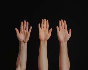Obraz premium Minimalist Tech Collaboration Visual Three Diverse Hands Raised Together on Black Background - Innovative Teamwork Imagery for Modern Business and Digital Marketing