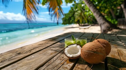 Obraz premium A refreshing tropical scene featuring fresh coconuts and cocktails on a wooden table, surrounded by palm trees and a serene beach landscape.