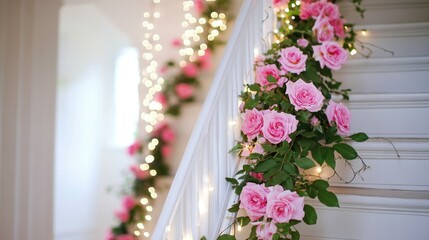 A white staircase wrapped in vibrant pink roses and delicate fairy lights, creating an enchanting wedding or fairytale setting.