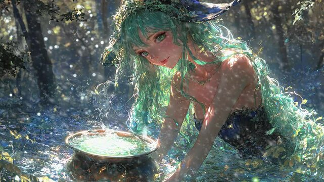 Enchanting forest spirit preparing a magical potion in a serene woodland setting during daylight