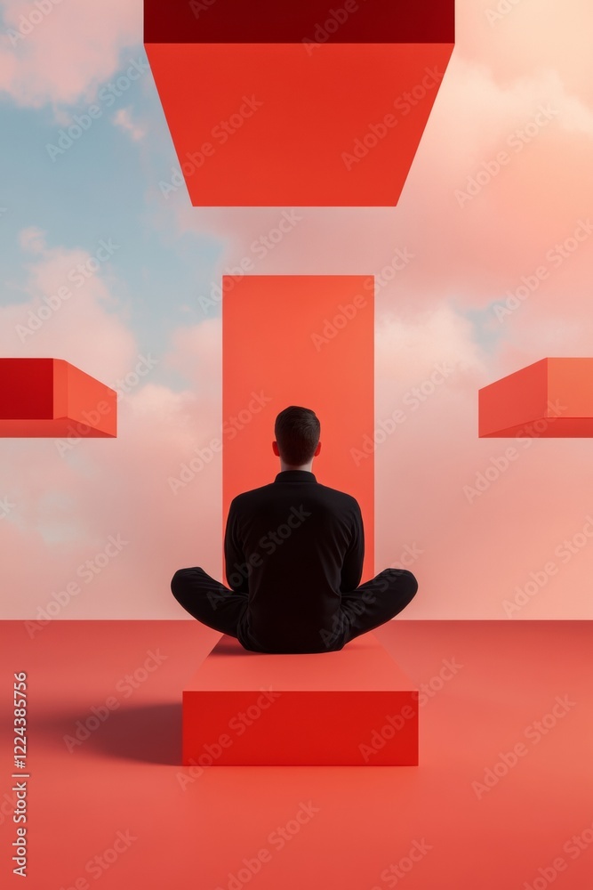 Poster Surreal Tech Meditation Spaces Male Figure in Modern Red Architecture with Sky Elements - Mindfulness Digital Detox in Professional Environments and Tech Wellness