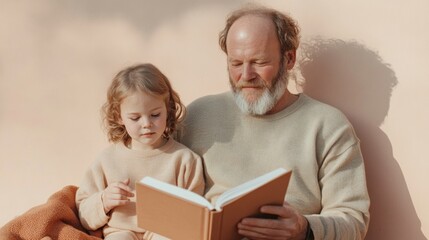 Warm Minimalist Family Bonding Elderly Father with Young Daughter Reading on Textured Plaid Blanket - Lifestyle Brands and Emotional Connection Marketing