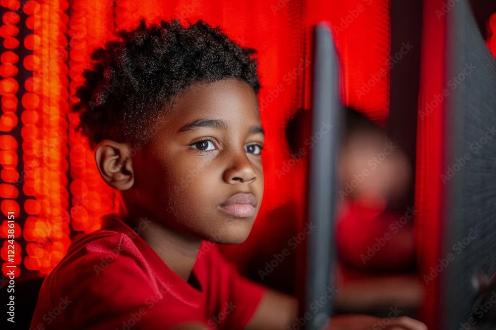 Fototapete youthful tech engagement diverse boys programming in futuristic neon-infused lab - enhancing computa