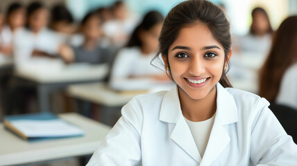 Medical student in a classroom setting, surrounded by classmates in lecture hall.
