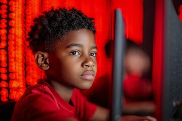 Youthful Tech Engagement Diverse Boys Programming in Futuristic Neon-Infused Lab - Enhancing Computational Skills for Education and Digital Innovation