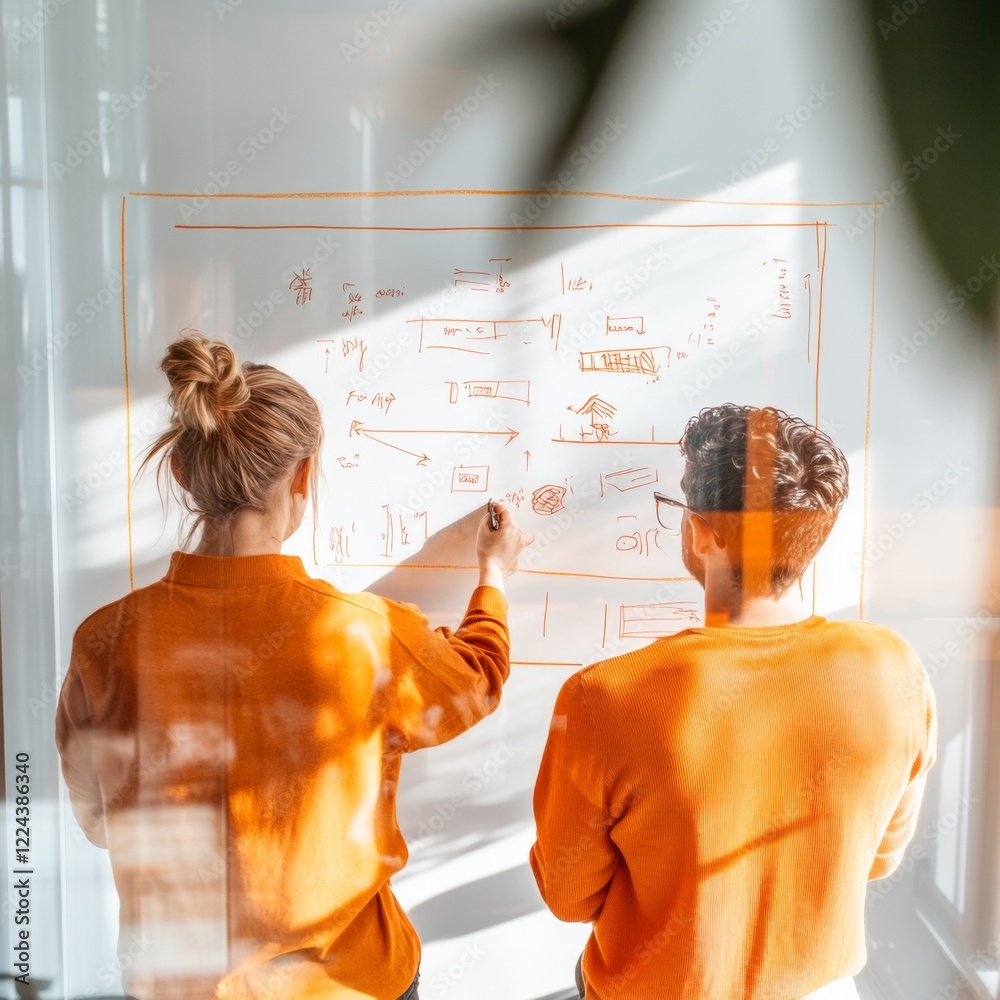 Poster Modern Creative Collaboration Entrepreneurs Ideation with Whiteboard Sketches in Cozy Startup Workspace - Inspiring Business Innovation and Digital Strategy Development
