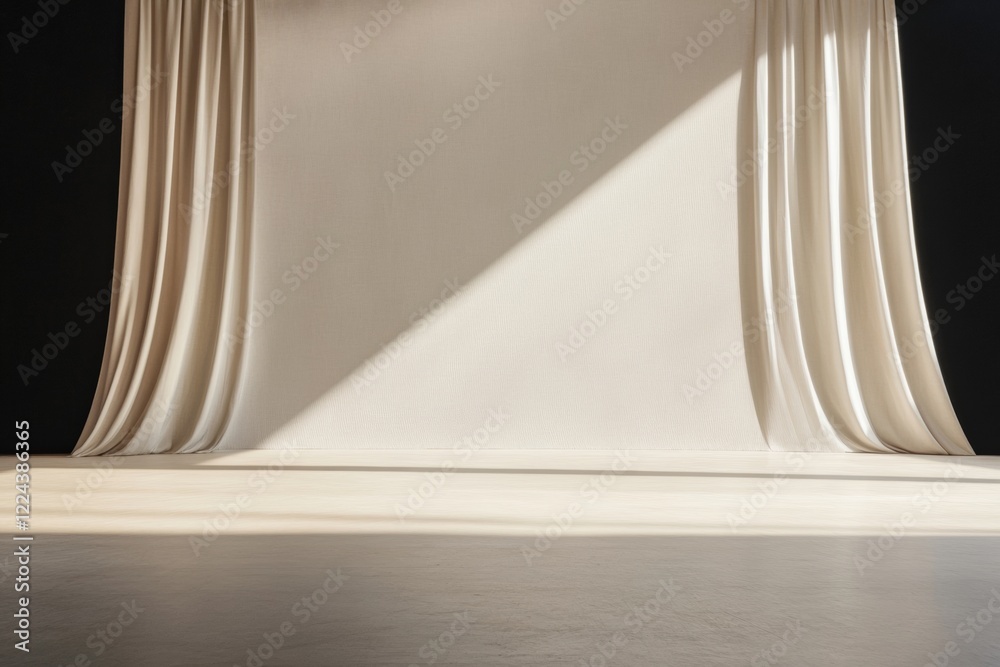 Poster moody stage design luxurious heavy drapes with wooden floors and dramatic lighting for theatrical pr