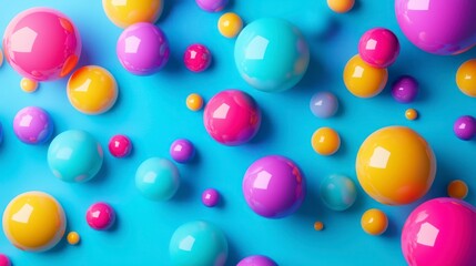 Colorful spheres of various sizes, vibrant background, top-down view, 3D rendering, bright colors