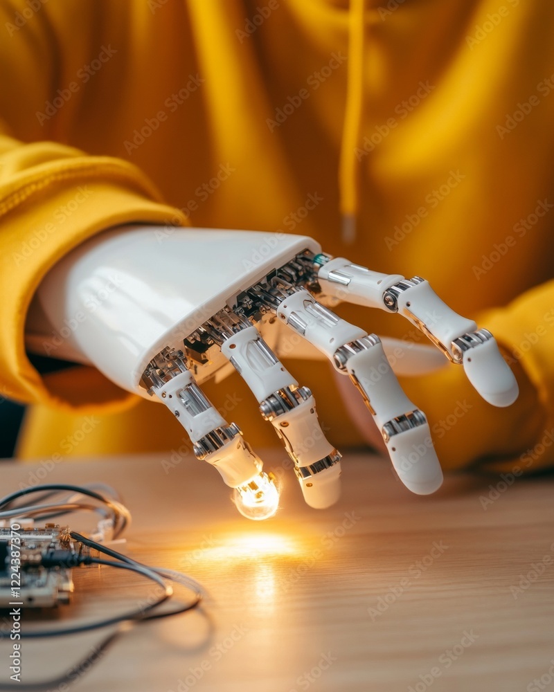 Aufkleber innovative robotics assembly in youth tech space teenage boy with yellow hoodie assembling robotic h