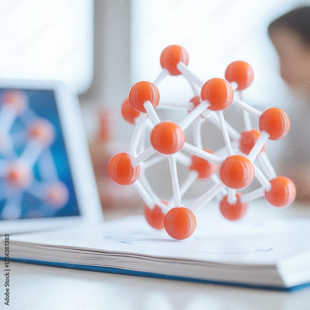 Poster innovative stem education -printed molecular model on textured surface with tablet - enhancing inter