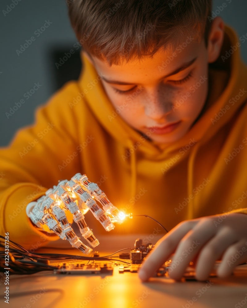 Poster youth robotics innovation teenage boy in yellow hoodie assembles robotic hand on wooden desk - enhan