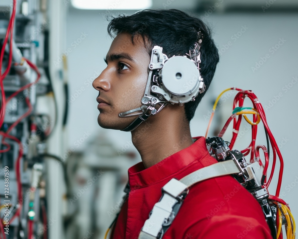 Fototapete futuristic exoskeleton metallic robotics in industrial labs with young indian engineer enhanced safe