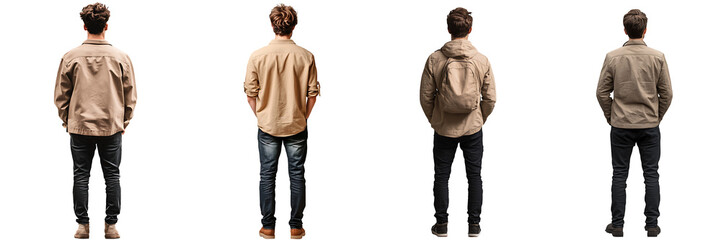 Set of a, Young man in a beige black, standing with his back to the viewer, isolated on a transparent background.