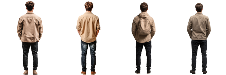 Set of a, Young man in a beige black, standing with his back to the viewer, isolated on a transparent background.