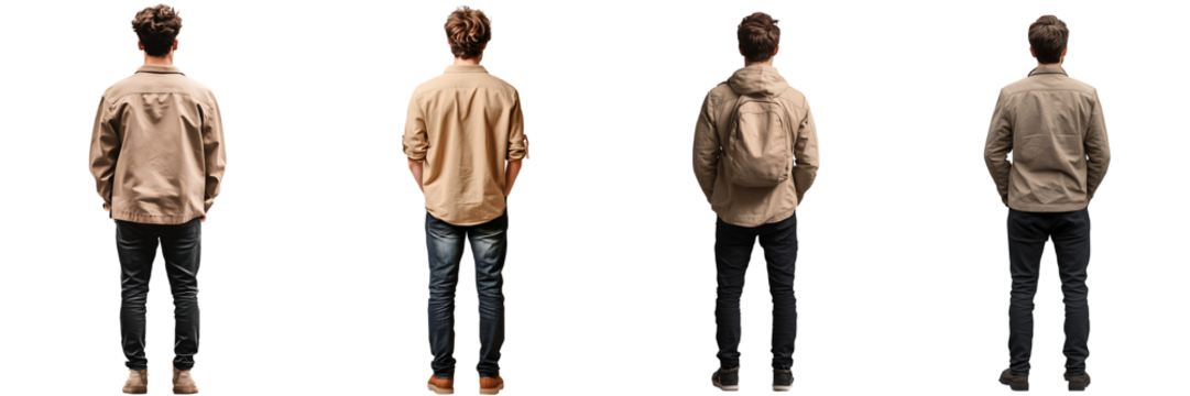 Set of a, Young man in a beige black, standing with his back to the viewer, isolated on a transparent background.