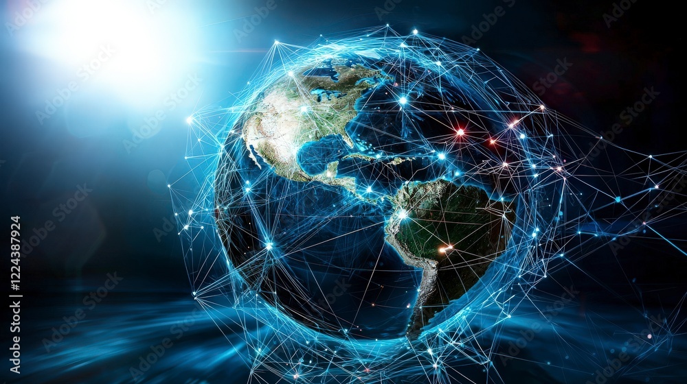 Poster Interconnected globe design showcasing global networks digital realm infographic style futuristic environment aerial view