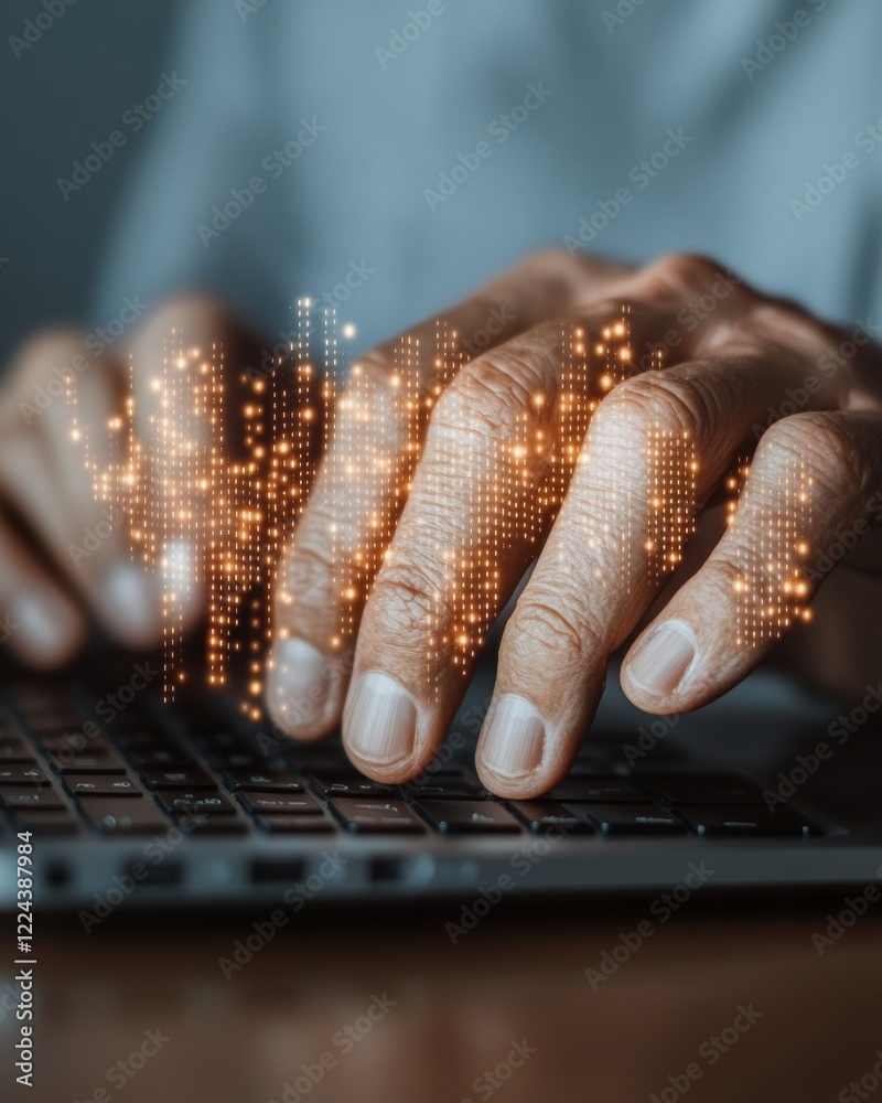 Poster Tech-Inspired Remote Workspace Hands Typing on Sleek Laptop with Digital Interface Overlay - Enhancing Virtual Communication and Flexibility in Modern Work Settings