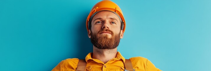 Vibrant Industrial Portrait Skilled Technician in Orange Workwear and Safety Harness Against Bold Blue - Modern Renewable Energy Workforce and Eco-Innovation Content