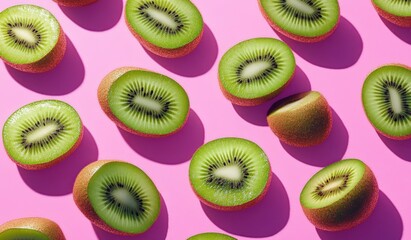 Fototapeta premium Vibrant Still Life of Kiwi Fruits in Bold Colors with Whole and Sliced Kiwi Against Pink Background