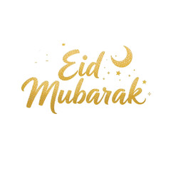 Eid Mubarak golden typography text on white background.