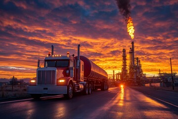 Tanker truck transporting fuel near a refinery at sunset