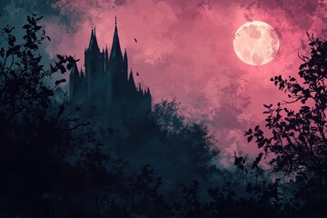 Dark Castle Silhouette Underneath Pink Moonlit Sky