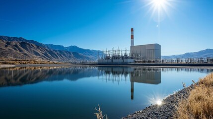 Obraz premium coastal power plant with its reflection shimmering in the calm waters, under a bright blue sky, with stunning mountains providing a dramatic backdrop