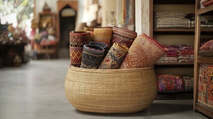 A basket filled with assorted OTOP woven textile products, including scarves and bags, with a rustic texture