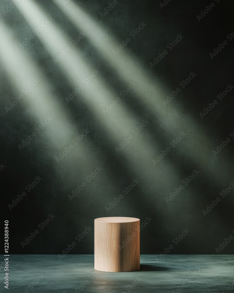 Poster minimalist award display wooden podium with streamlined lighting - artistic branding content and inn