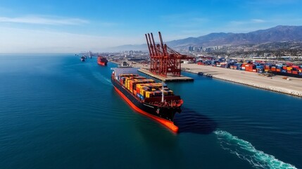 Large cargo ship navigating busy port waters